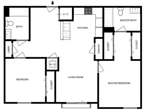 Floor plan for 2 beds, 2 baths, 802 sqft